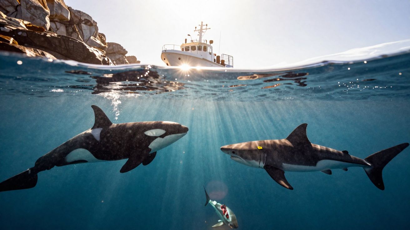 Orca e tubarão a nadar perto da superfície com barco e rochas ao fundo, luz solar a atravessar a água.