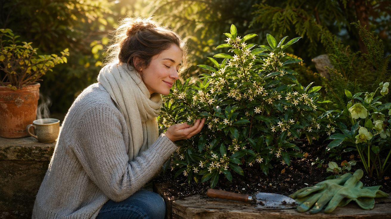Mulher sorridente a cheirar uma planta florida num jardim, com luvas e utensílios de jardinagem.