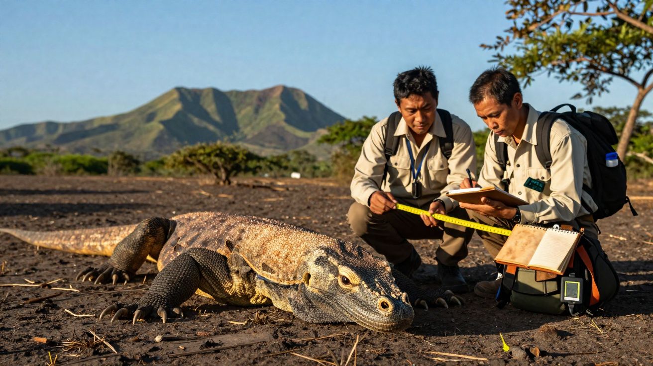 Dois cientistas medem e observam um dragão de Komodo no solo com montanhas ao fundo.