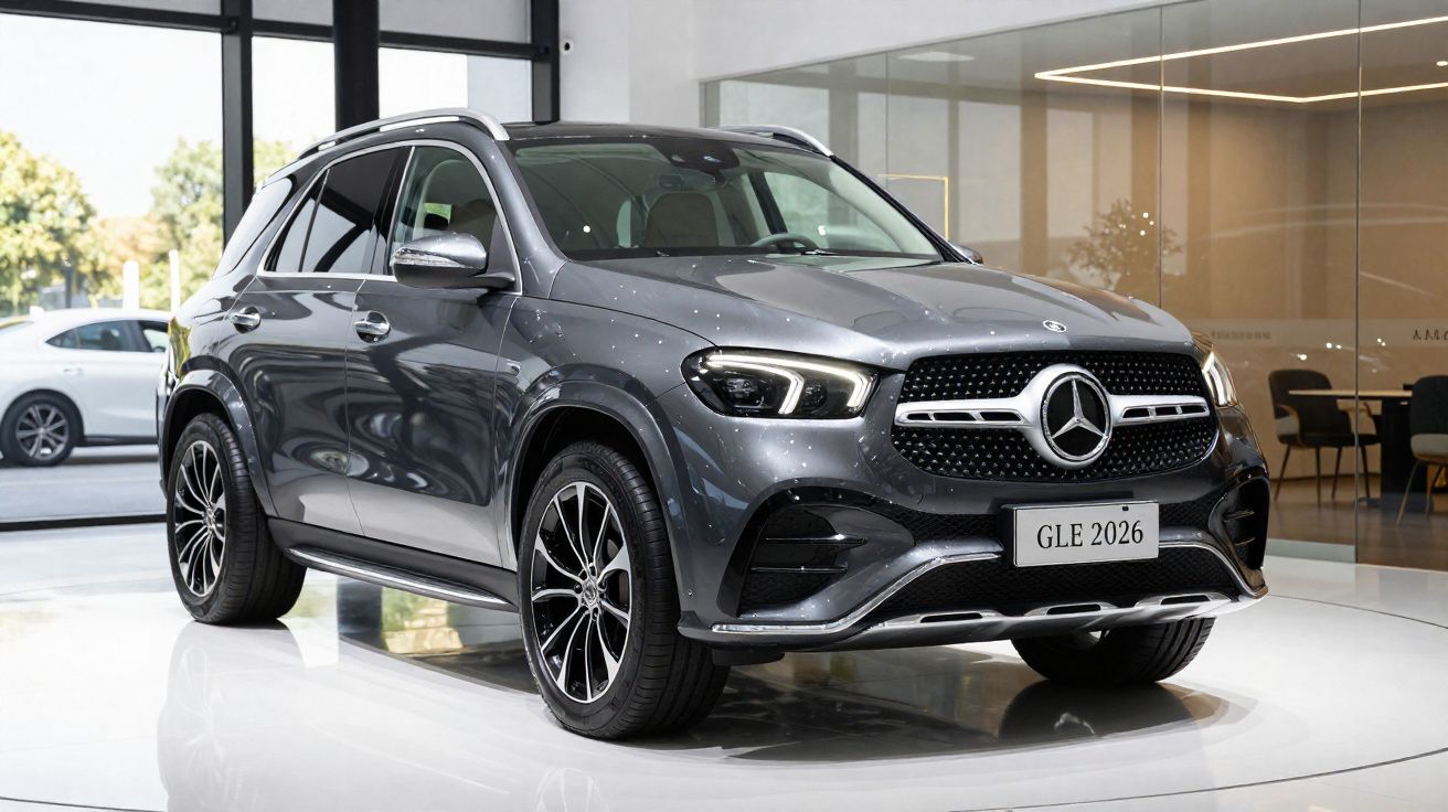 Carro SUV Mercedes-Benz GLE 2026 cinzento em exposição num salão moderno.
