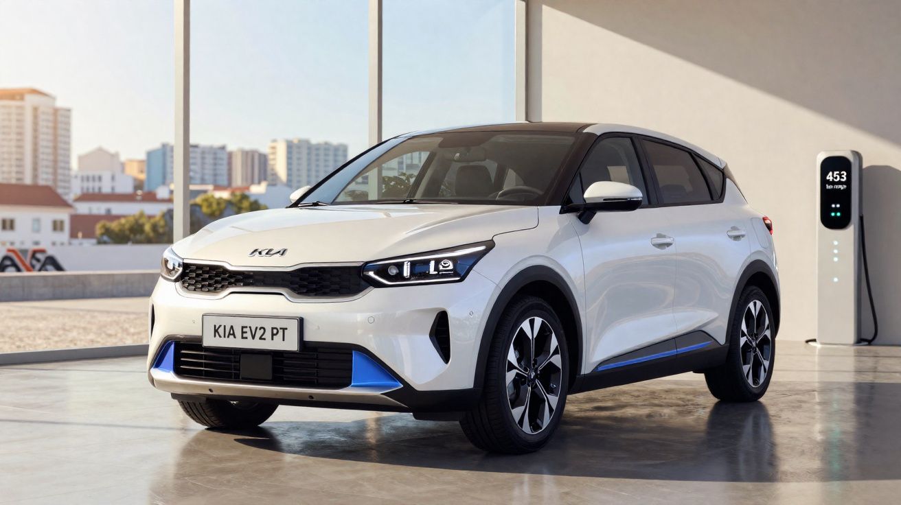 Carro eléctrico Kia EV2 PT branco estacionado em garagem com estação de carregamento ao lado.