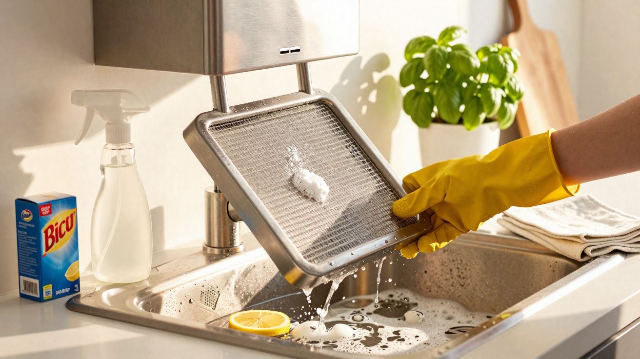 Pessoa com luva amarela a limpar filtro metálico numa pia de cozinha com esponja e detergente.