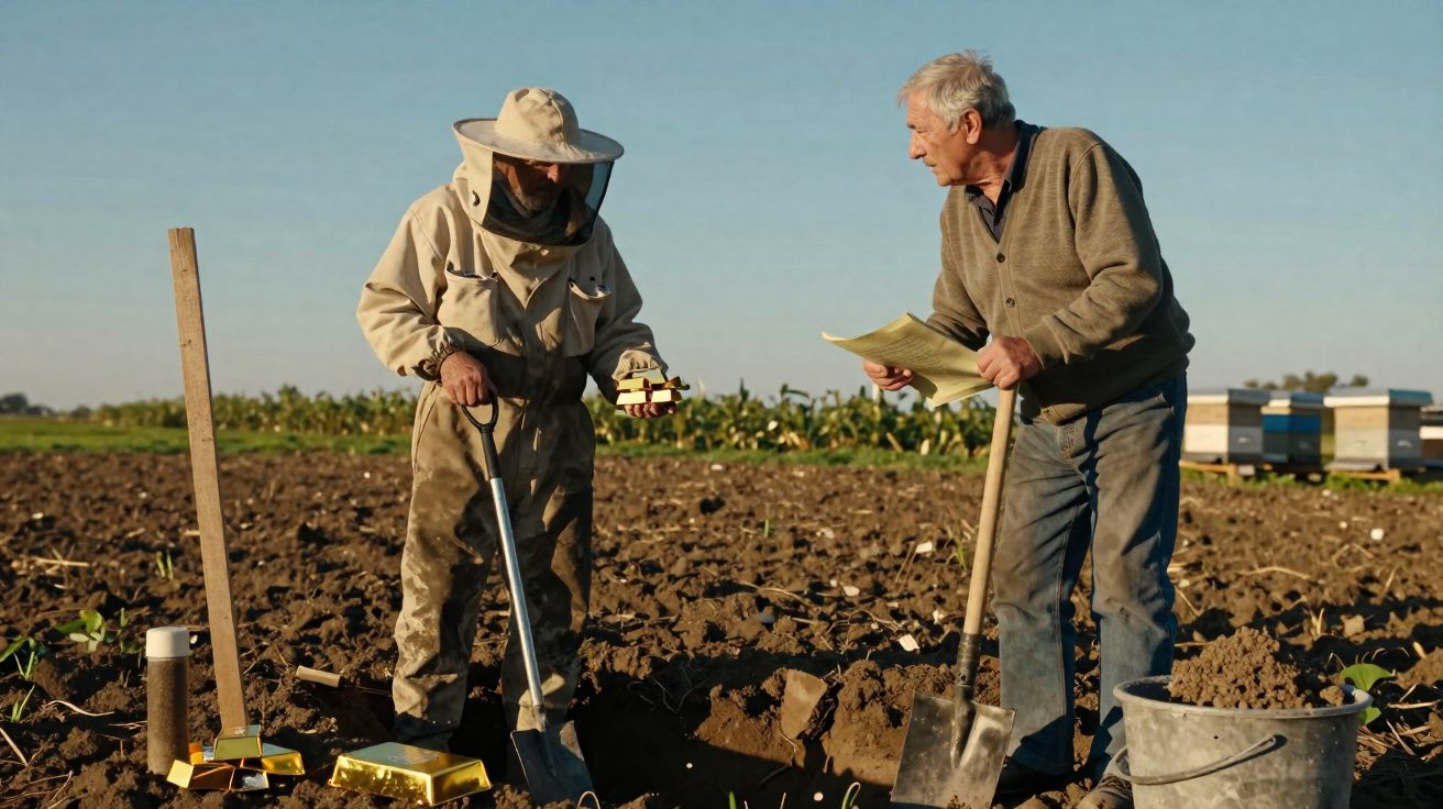 Dois homens na agricultura, um com fato de apicultor e outro com pá, a trabalhar na terra num campo aberto.