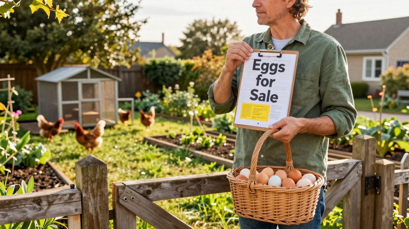 Homem numa quinta segura cesto com ovos e placa "Eggs for Sale" num jardim com galinhas ao fundo.