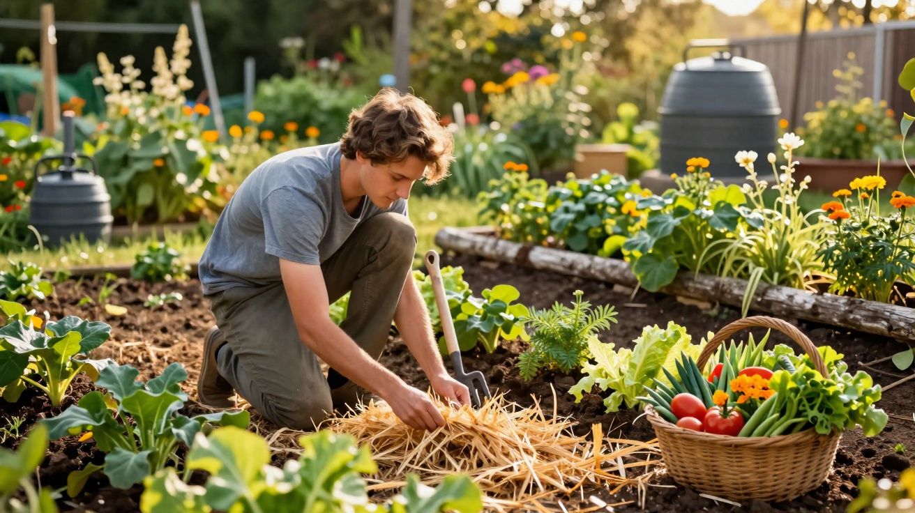 Homem a cuidar de plantas num jardim, rodeado de hortícolas e flores, com cesto de vegetais ao lado.