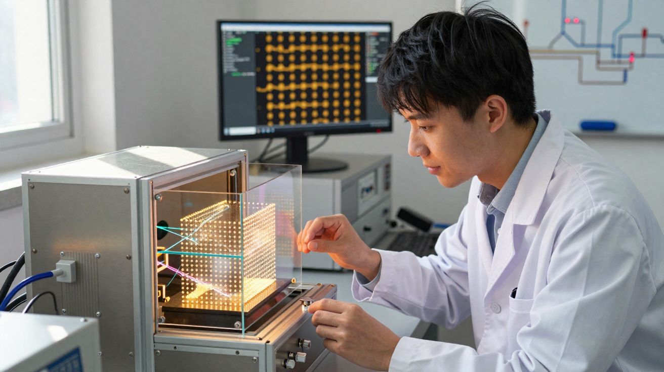 Cientista a trabalhar com equipamento tecnológico e matriz de luz em laboratório moderno, com monitor ao fundo.