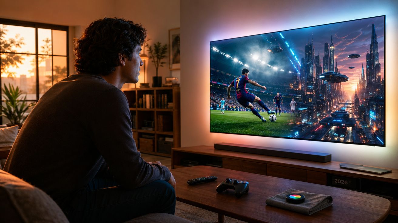 Homem sentado num sofá a ver jogo de futebol com elementos futuristas numa TV grande na sala ao entardecer.