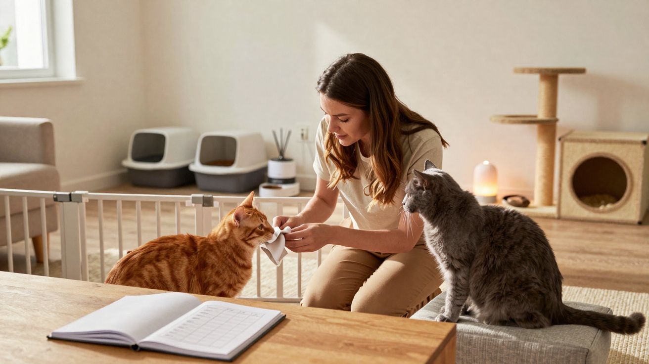 Mulher a limpar a boca de um gato laranja, com um gato cinzento sentado ao lado num ambiente acolhedor.