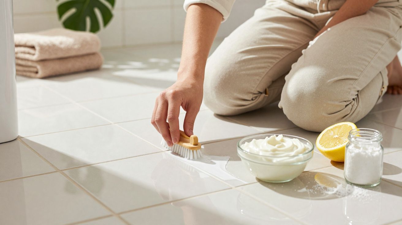 Pessoa a limpar chão de azulejos com escova e ingredientes naturais como limão, bicarbonato e pasta branca.