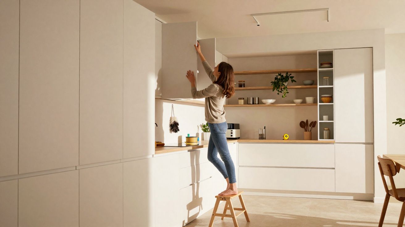 Mulher de pé num banco a abrir armário alto numa cozinha moderna e luminosa com móveis brancos.