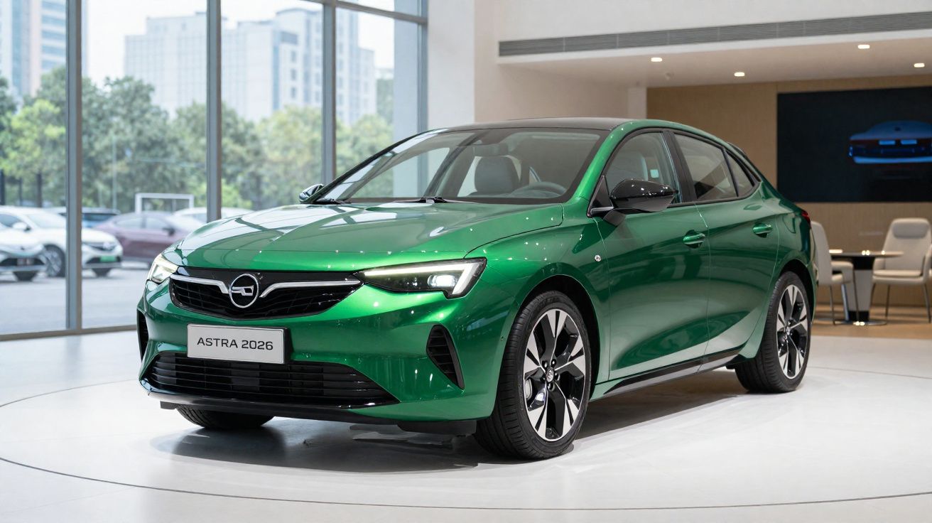 Automóvel Opel Astra 2026 verde exposto em sala moderna com janelas grandes e cadeiras.