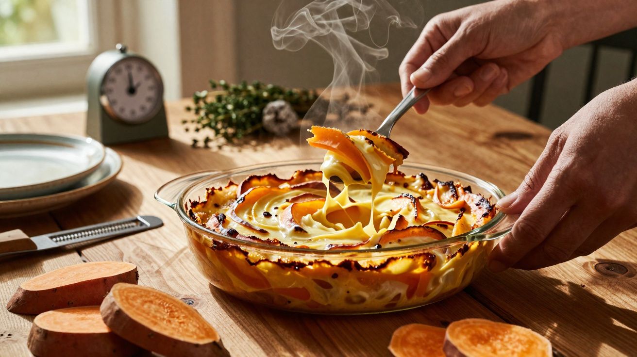 Gratinado de batata-doce quente a ser servido numa travessa de vidro numa mesa de madeira.