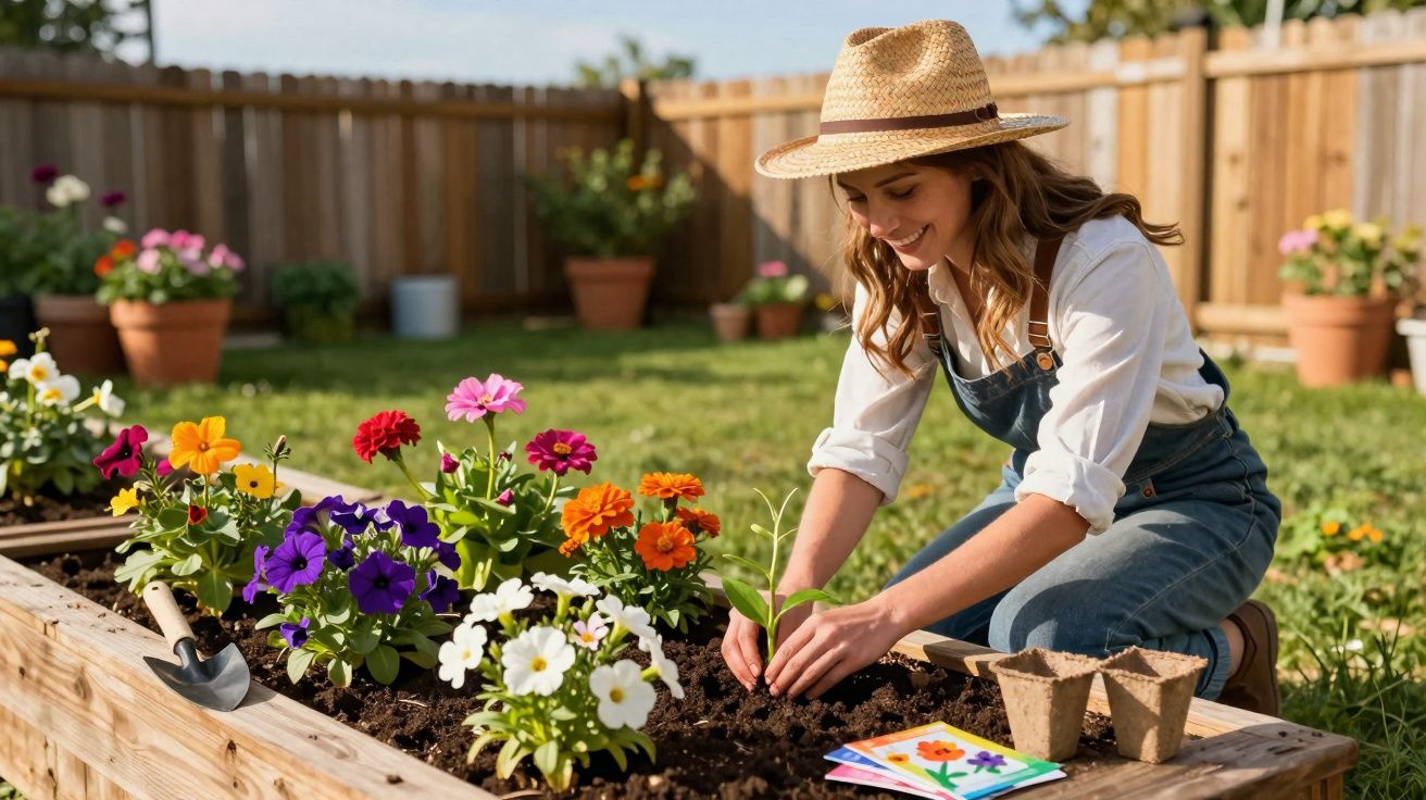 Mulher jovem a cultivar flores coloridas numa horta elevada de madeira num jardim ensolarado.