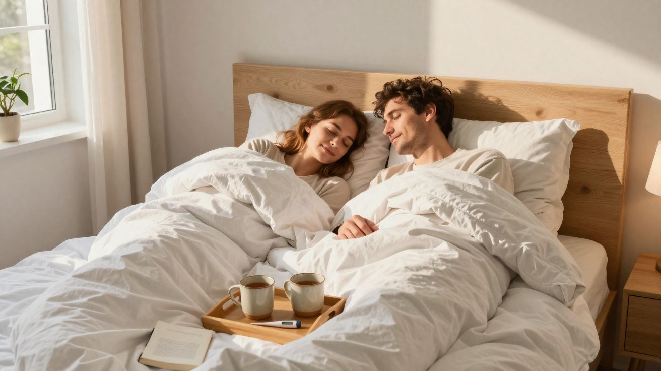 Casal deitado na cama com cobertores brancos, luz natural e bandeja com chá e livro.
