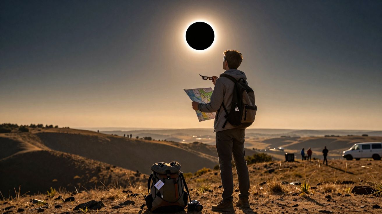 Homem com mochila observa eclipse solar enquanto segura mapa na paisagem montanhosa ao entardecer.