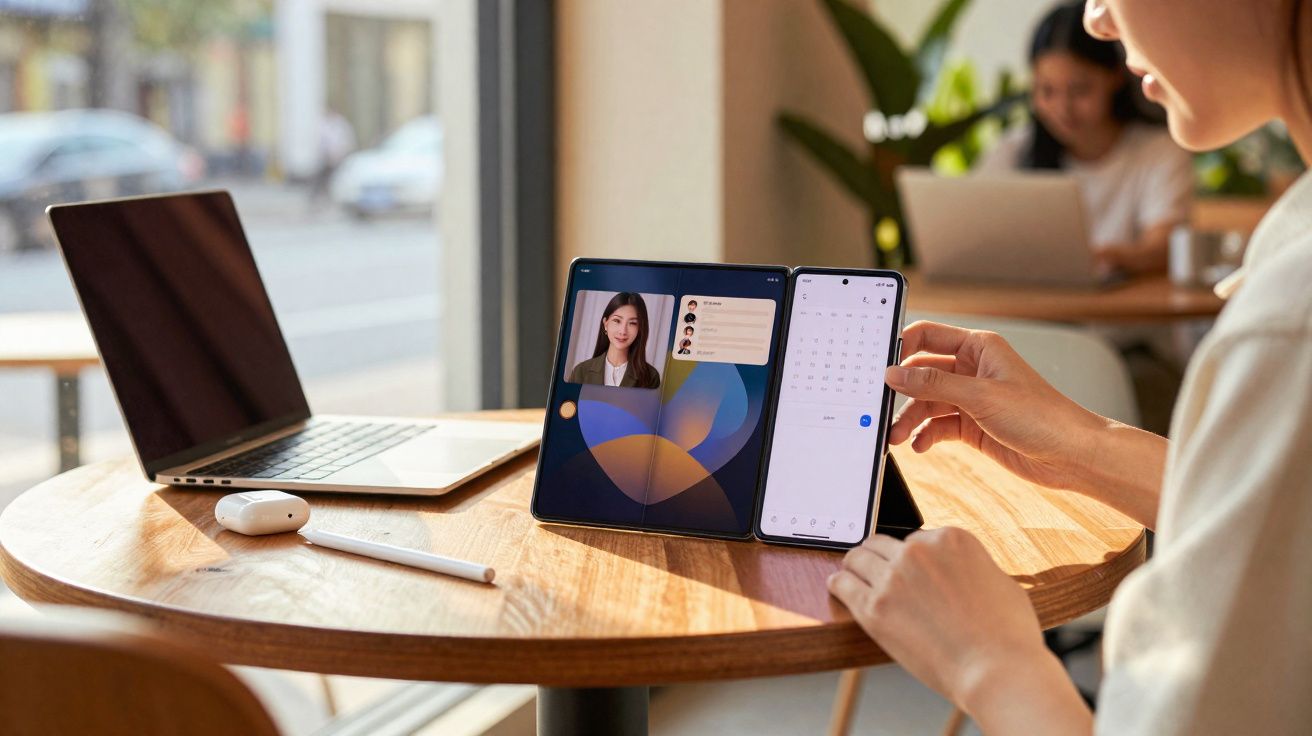 Pessoa a usar telemóvel dobrável numa mesa com portátil, auriculares e caneta digital num café.