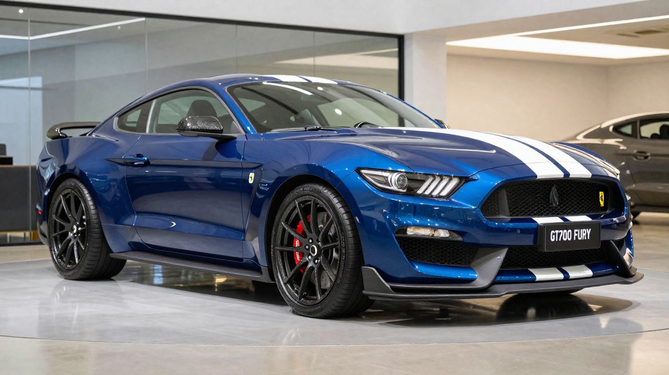 Carro desportivo azul com duas riscas brancas, em exposição interior, com jantes pretas e travões vermelhos.