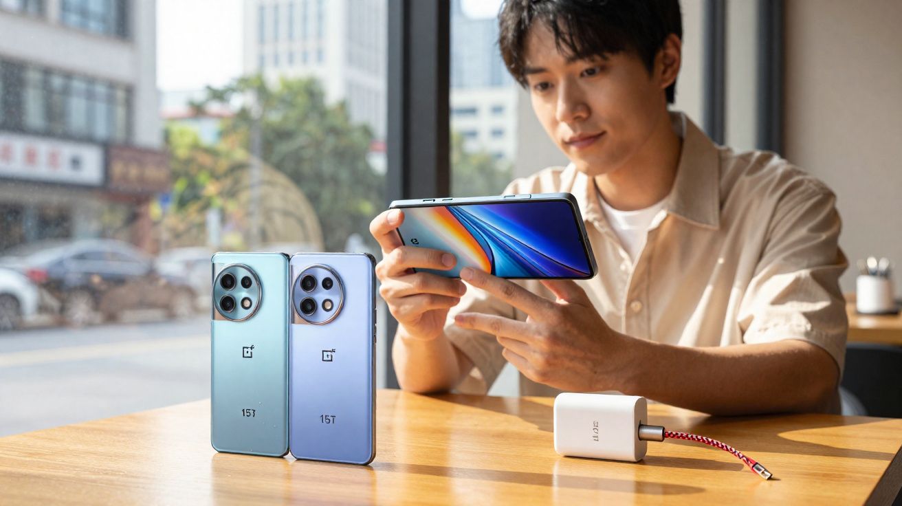 Homem a segurar smartphone dobrável OnePlus 1S7, com dois telemóveis e carregador sobre a mesa de madeira.