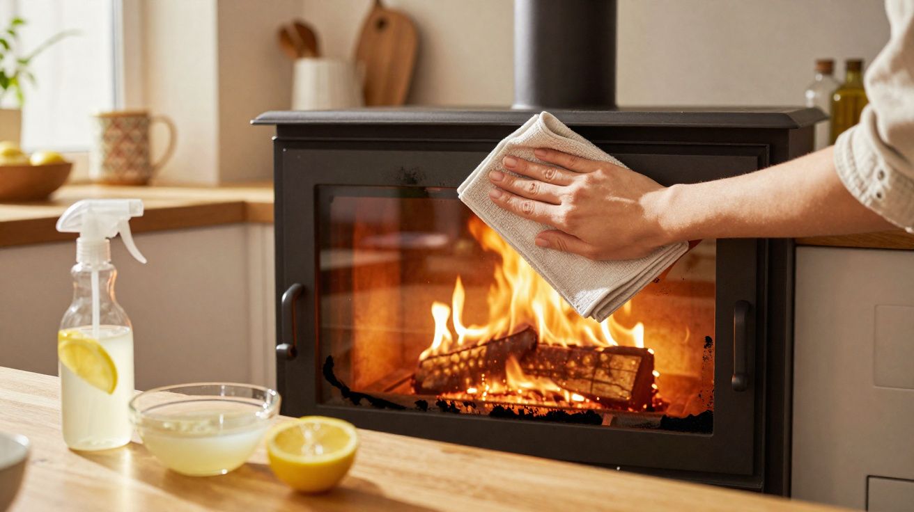 Pessoa a limpar a porta de vidro de uma lareira acesa numa cozinha com toalha branca.