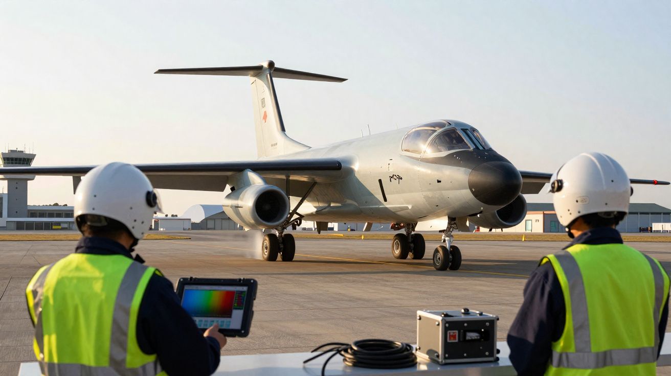 Dois técnicos com capacetes e coletes refletores monitorizam aterro de avião militar num aeroporto.