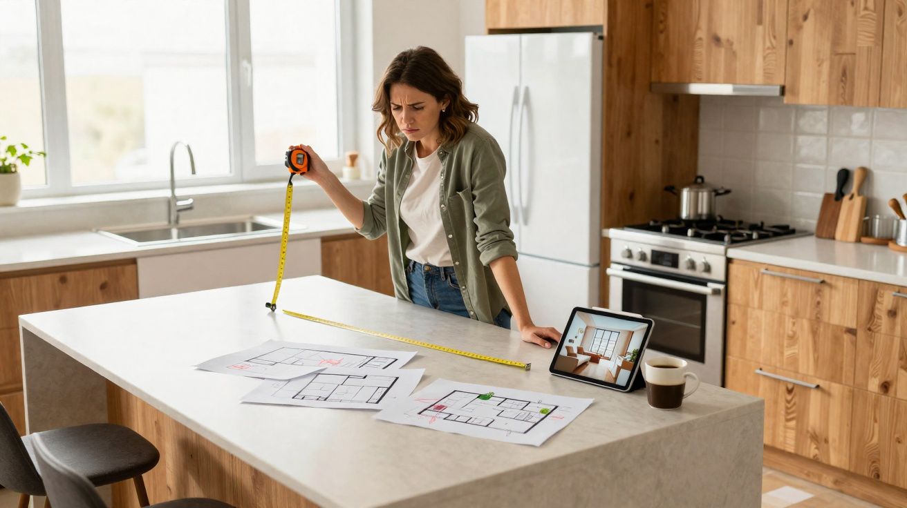Mulher a medir uma bancada de cozinha, com plantas e tablet com imagem de interiores em cima da mesa.