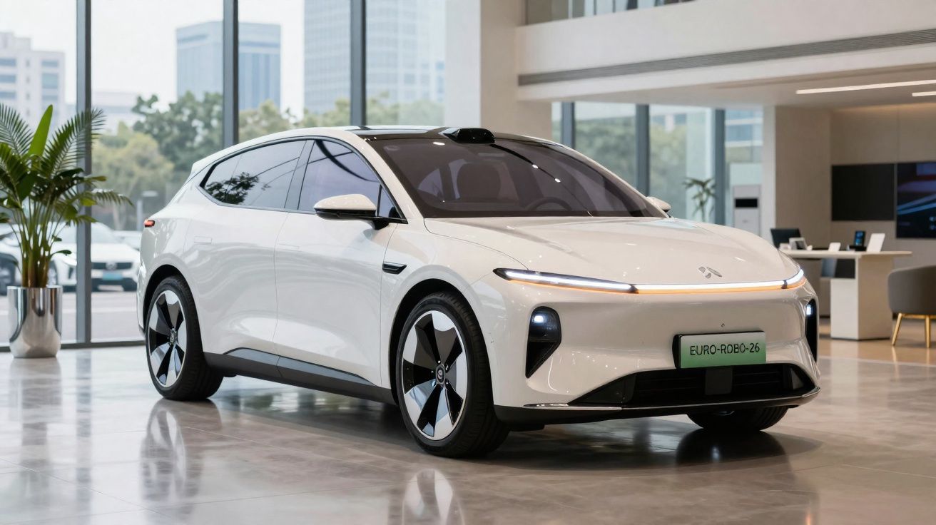 Carro elétrico branco moderno estacionado em espaço interior com janelas amplas e plantas decorativas.