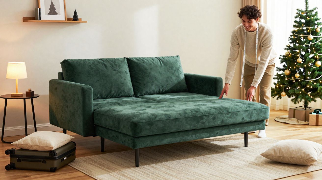 Homem ajusta sofá-cama verde na sala decorada com árvore de Natal, almofadas e malas.