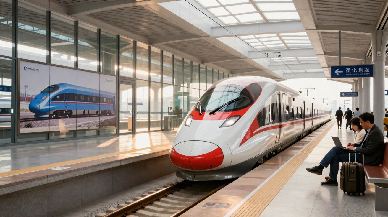 Comboio de alta velocidade branco e vermelho numa estação moderna com passageiros na plataforma.