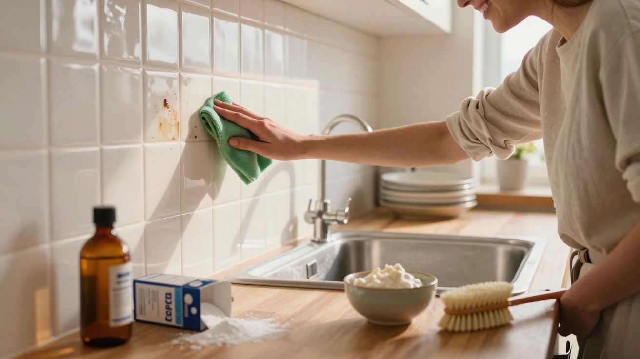 Pessoa a limpar manchas numa parede de azulejos brancos na cozinha, com produtos de limpeza e escova na bancada.