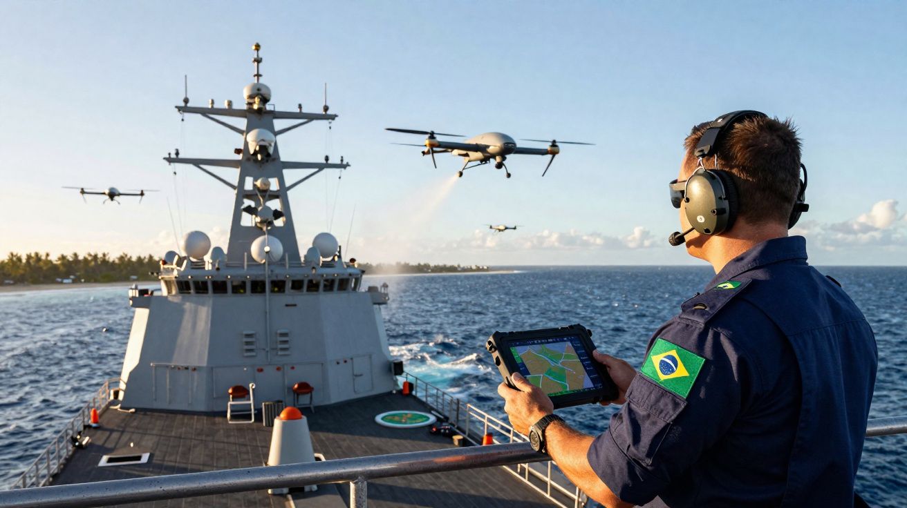 Marinheiro brasileiro a controlar drones com tablet a bordo de navio no mar próximo à costa.