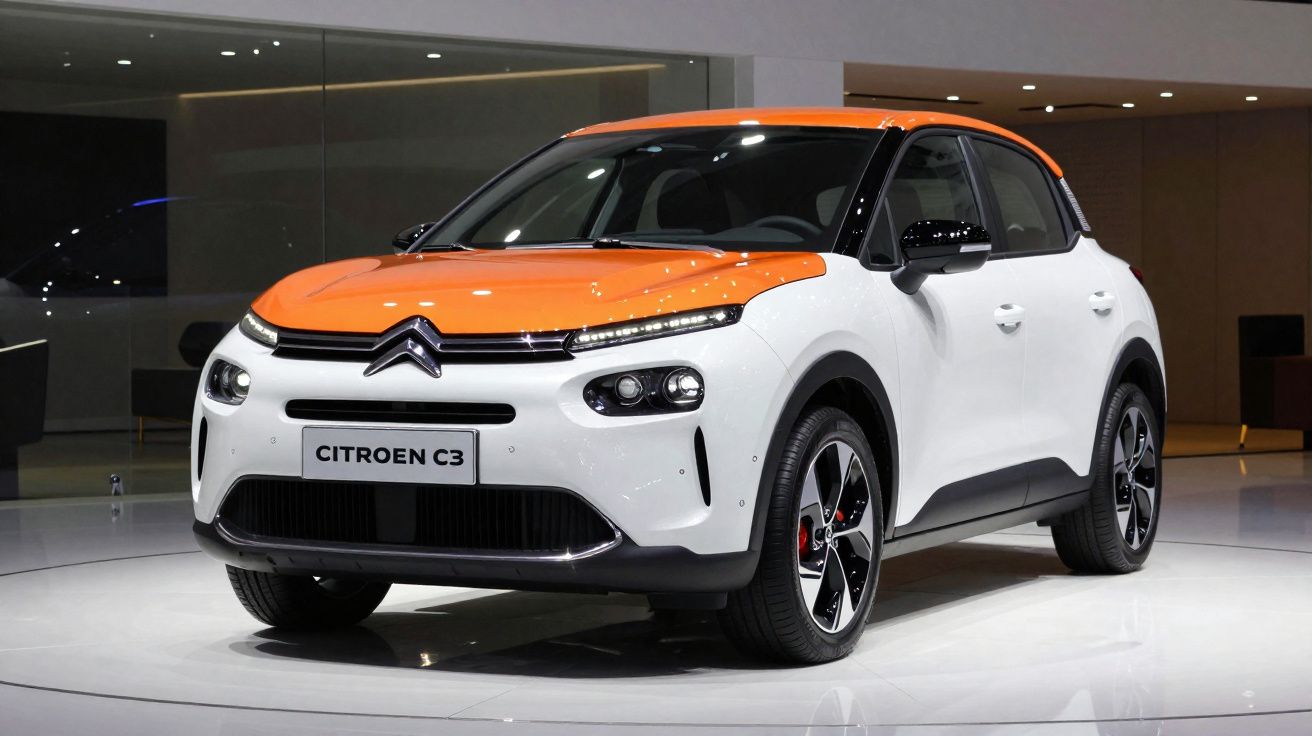 Automóvel Citroën C3 branco com tejadilho e capô laranja, exposto em espaço moderno e iluminado.