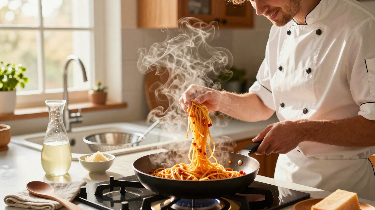 Chef a mexer esparguete quente num tacho numa cozinha iluminada por luz natural.