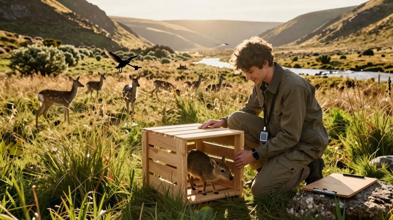 Jovem liberta pequeno animal de caixa de madeira numa paisagem campestre com veados ao fundo.