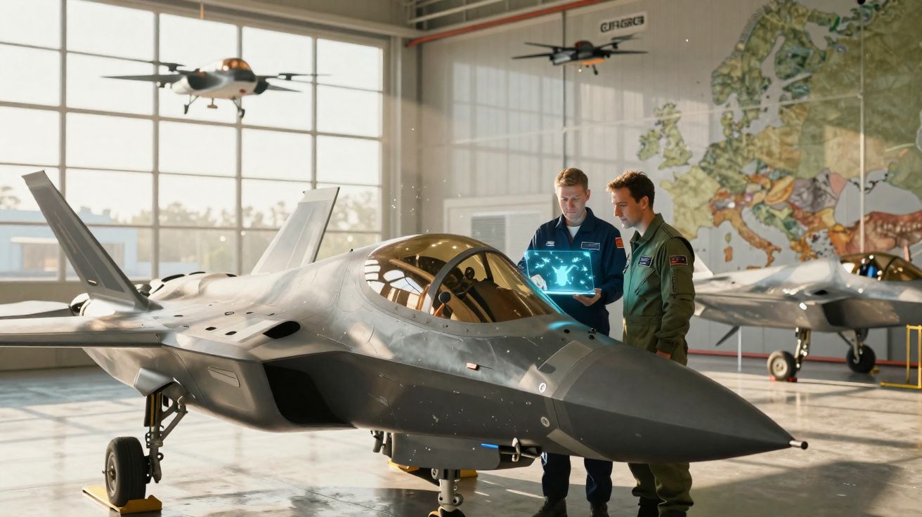 Dois homens analisam dados num portátil junto a jatos de combate num hangar com mapa da Europa ao fundo.