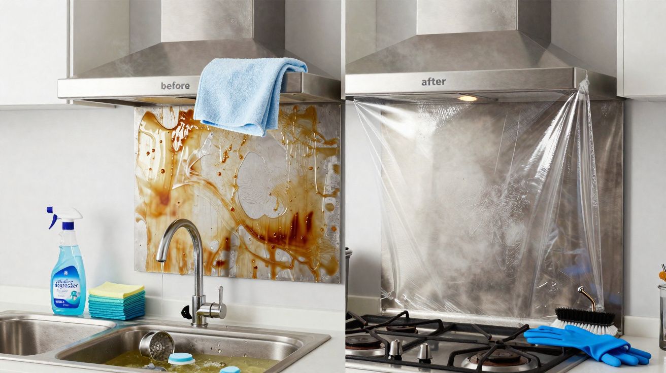 Imagem comparativa com a área atrás da cozinha suja e limpa, mostrando uma superfície envidraçada protegida.