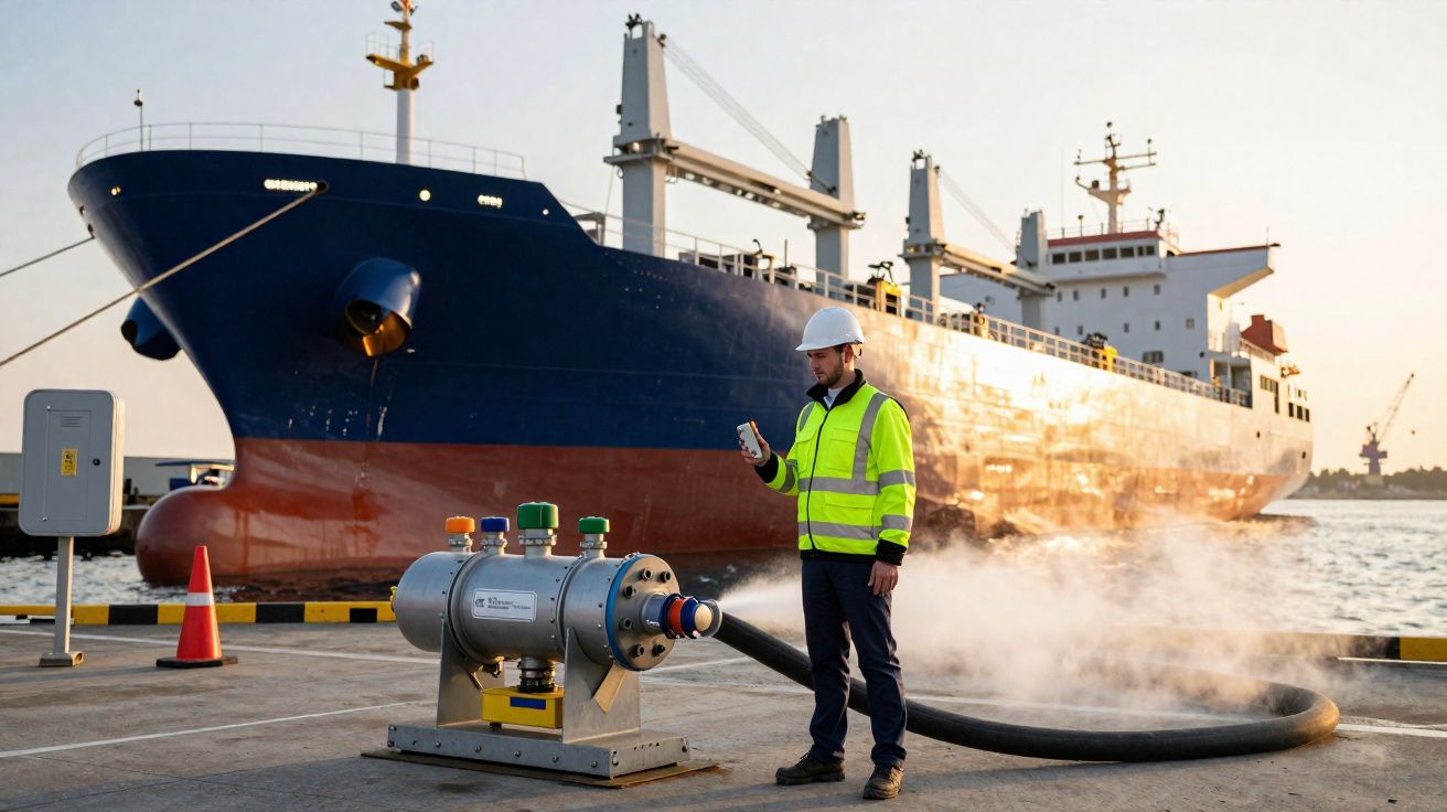 Homem com colete refletor e capacete controla equipamento de bombeamento junto a navio no porto ao pôr do sol.