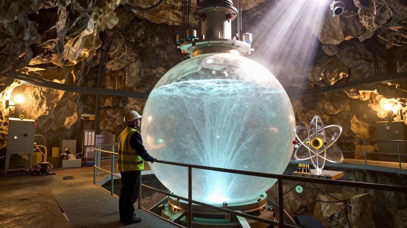 Homem com capacete e colete observa tanque de água iluminado dentro de laboratório subterrâneo em caverna.