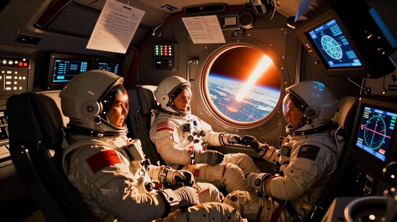 Três astronautas em traje espacial dentro de uma nave observam um asteroide a entrar na atmosfera da Terra.