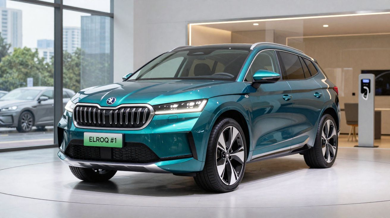 Veículo elétrico SUV Škoda Elroq azul exposto em showroom moderno e iluminado.