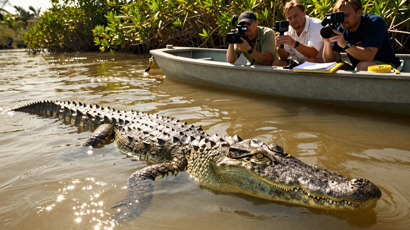 Crocodilo na água com três homens numa canoa a filmar de perto numa zona de mangais.