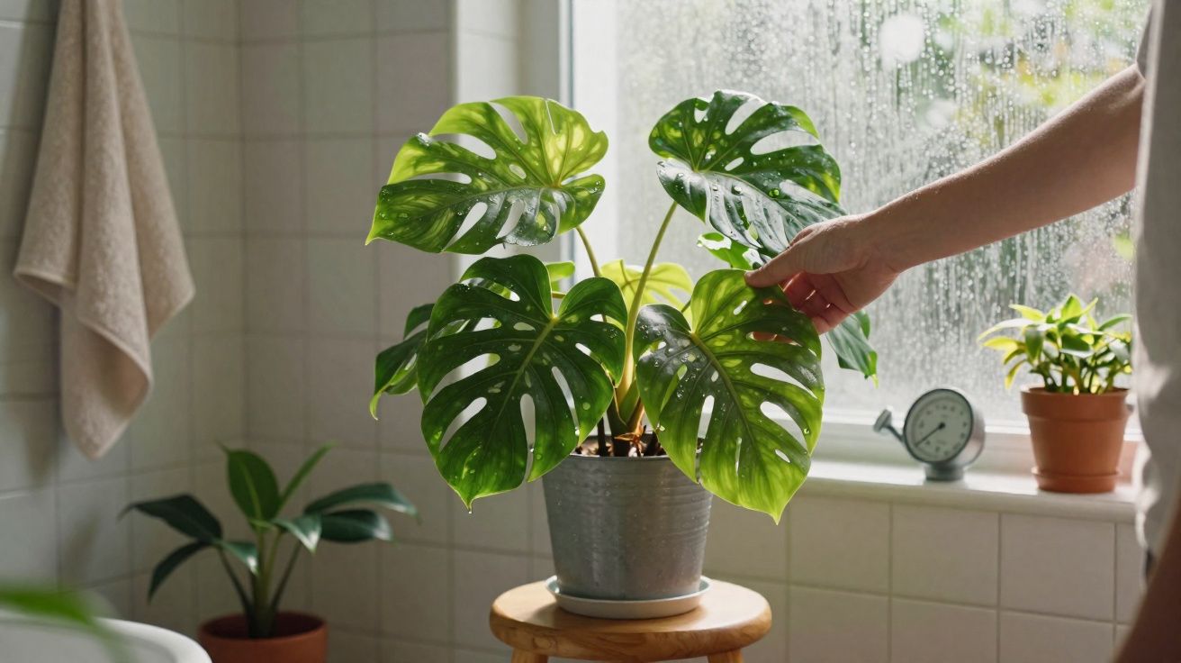 Planta monstera em vaso metálico num banco de madeira junto a janela com gotas de água e mão a tocar a folha.