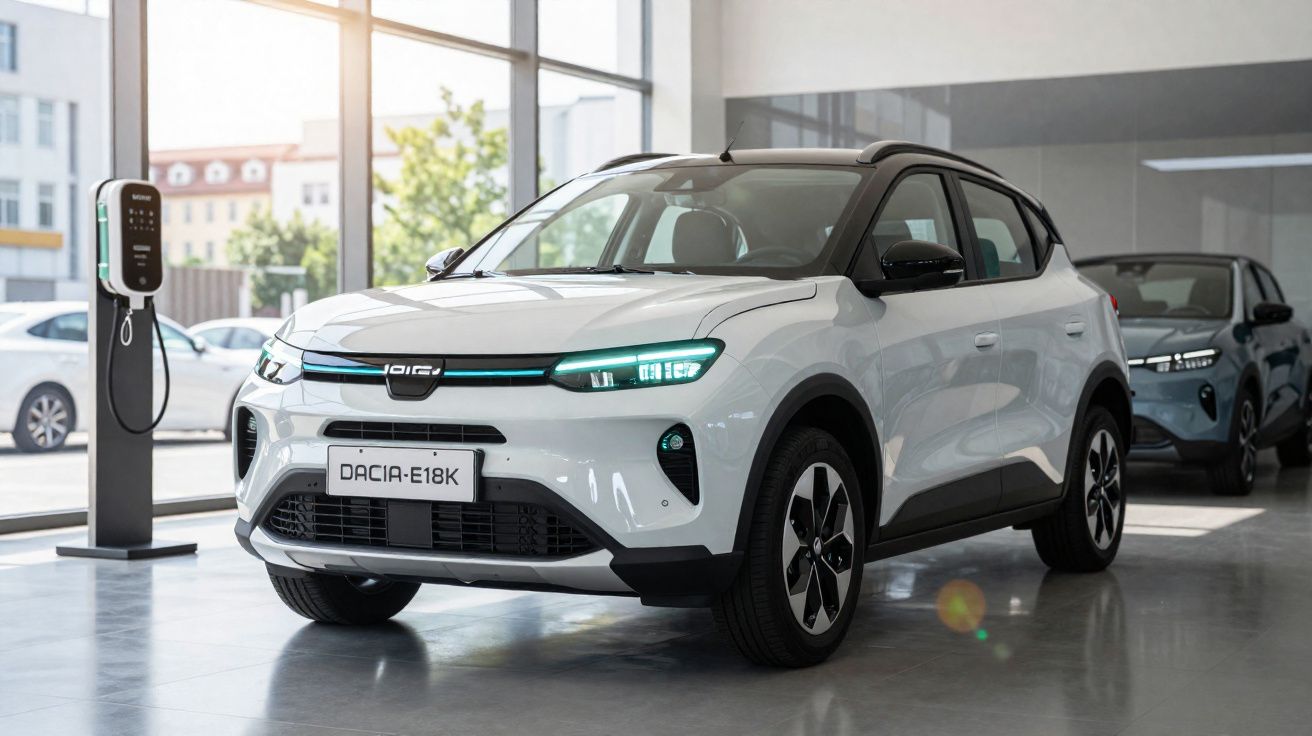 Carro elétrico branco Dacia E18K estacionado junto a posto de carregamento em showroom moderno.