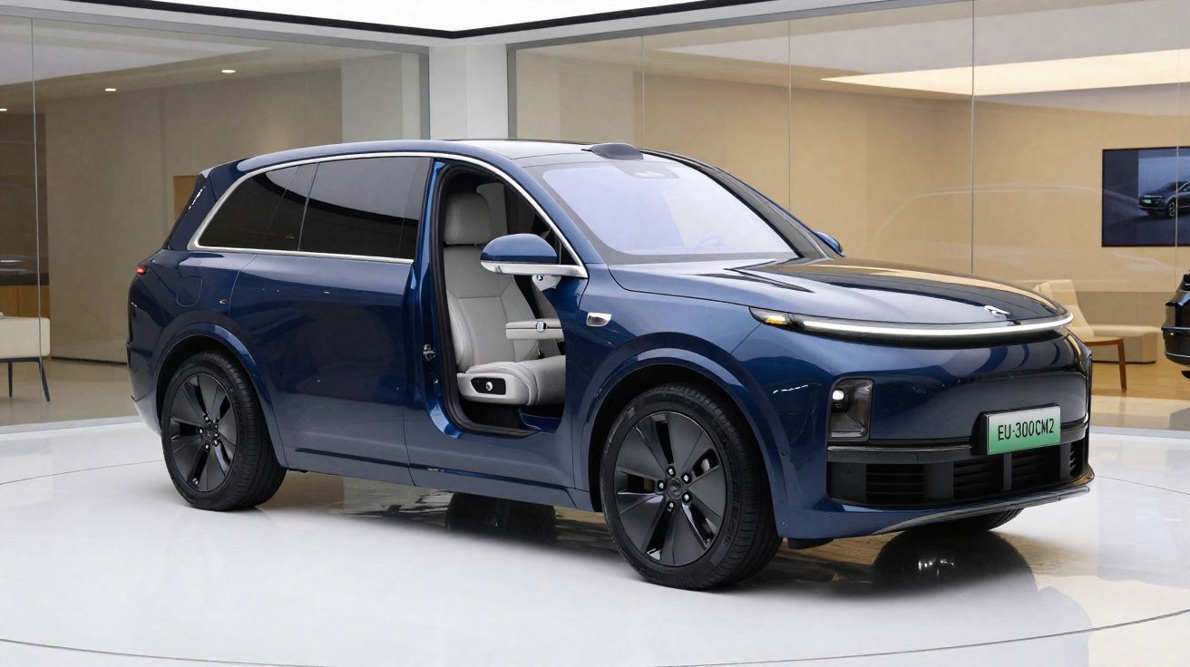 SUV elétrico azul com portas abertas, com interior moderno exposto em showroom iluminado.
