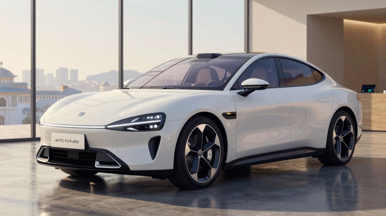 Carro desportivo elétrico branco estacionado numa sala moderna com janelas amplas.