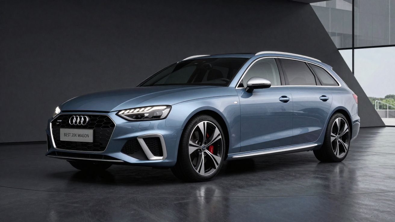 Carro Audi azul metálico modelo Avant estacionado em piso cinza dentro de edifício moderno.