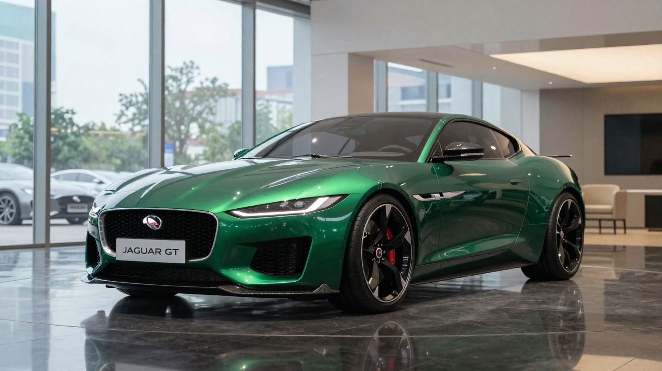 Carro desportivo Jaguar GT verde exposto num showroom moderno com grandes janelas.