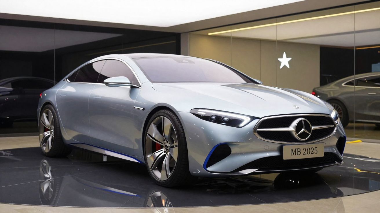 Carro Mercedes-Benz prata moderno exposto em salão com iluminação branca e refletores no chão.