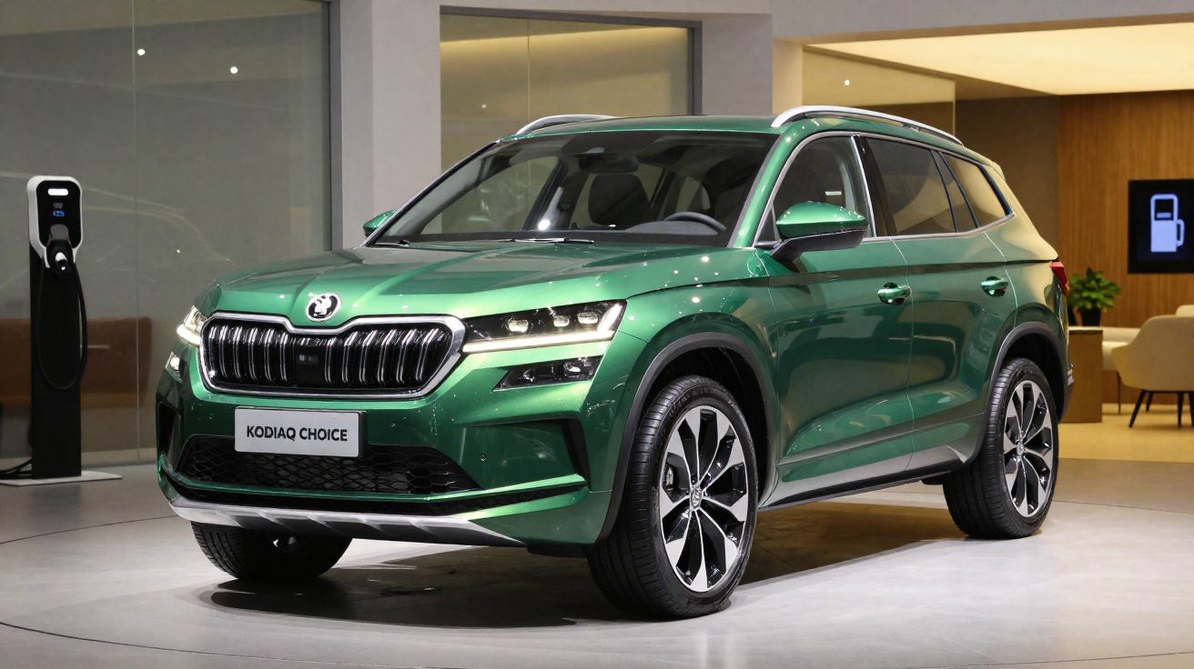 Carro SUV verde Skoda Kodiaq Choice estacionado em showroom com estação de carregamento elétrica ao lado.