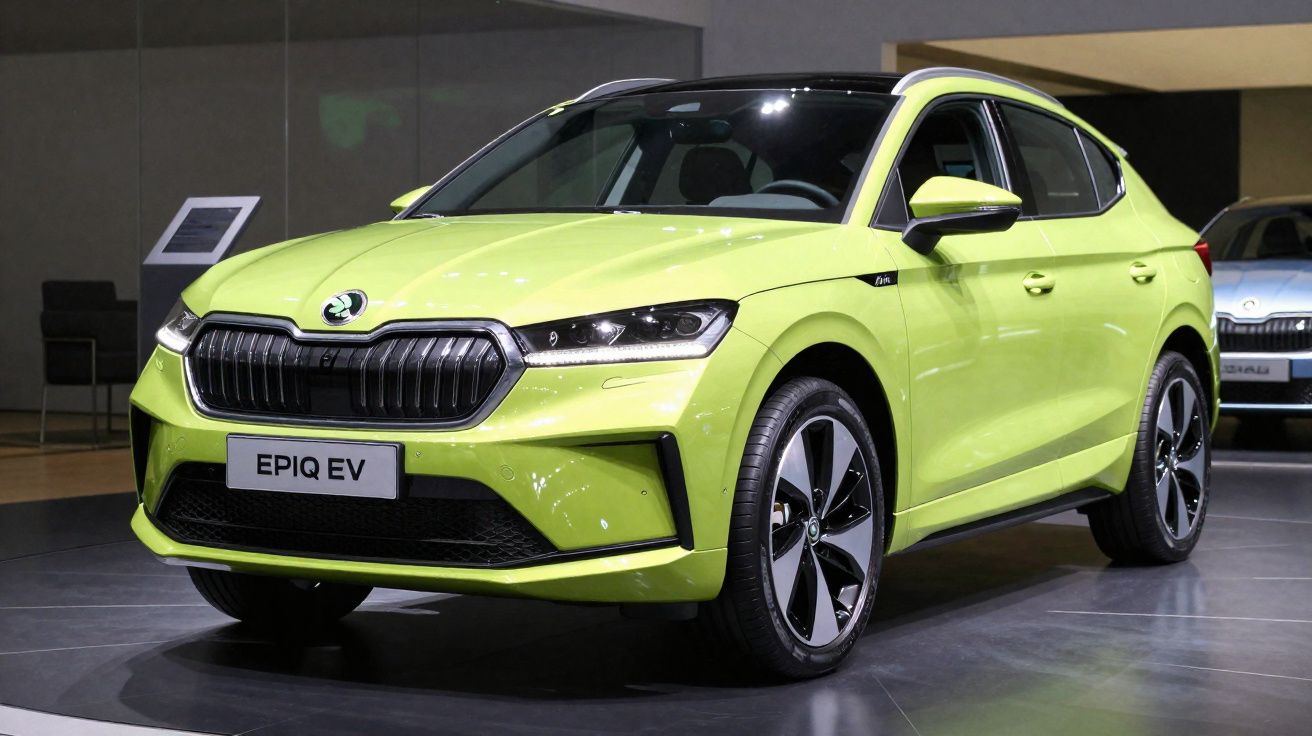 Carro elétrico Škoda Epiq EV verde-limão exibido numa plataforma de exposição interior.