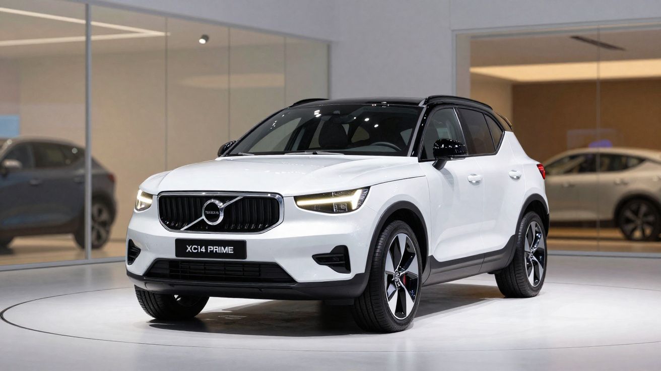 Carro branco Volvo XC14 PRIME em exposição, com teto e retrovisores pretos, ambiente interior moderno.